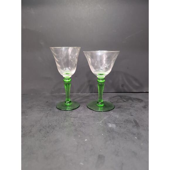Tiffin Green Stem Cordials Festoon Optic Wine Uranium Vintage Stemware, Set of 2 - Picture 3 of 13